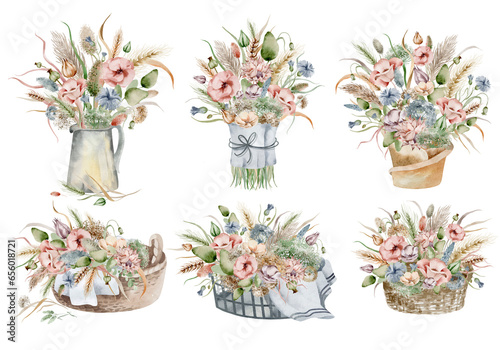 A set of watercolor illustrations of an autumn bouquet of flowers, in warm dim colors on a white background, hand-drawn