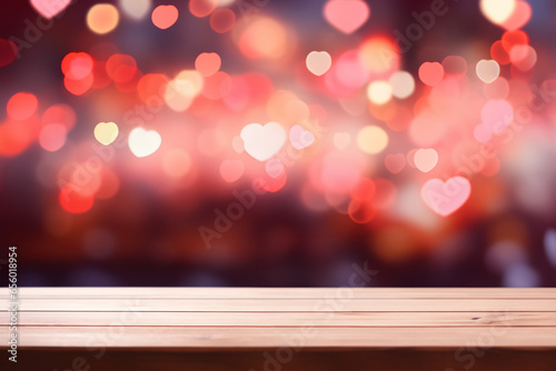 Valentines day empty wooden table top with blurred red hearts lights garland festive background, suitable for product presentation backdrop, display, mock up