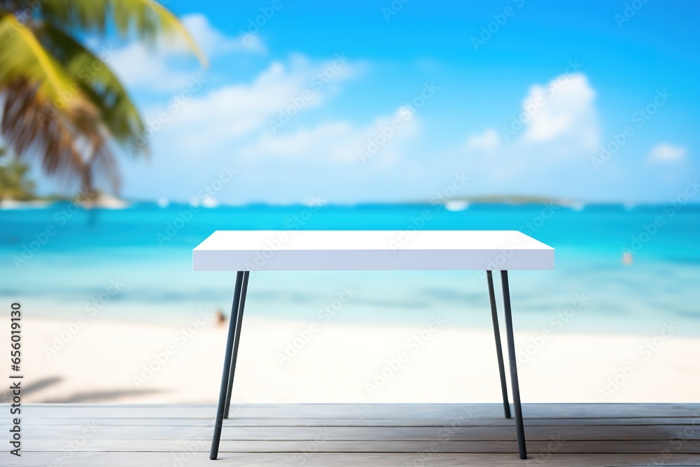 Empty white table with blurred beach ocean sea tropical white sand background, suitable for product presentation backdrop, display, mock up