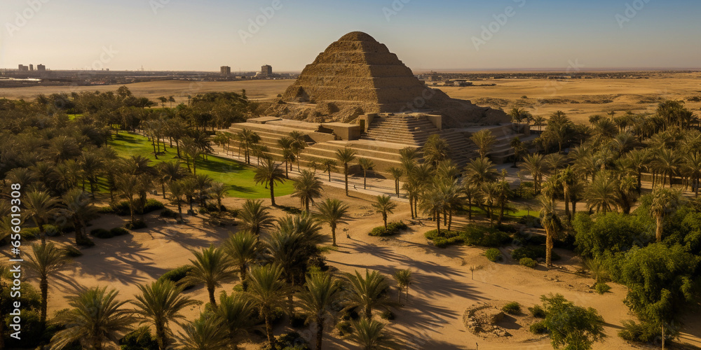 Aerial view of the Step Pyramid of Djoser at Saqqara, surrounded by