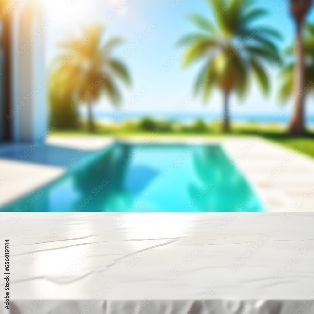 Empty marble table, blurred summer sea background with copy space for your product