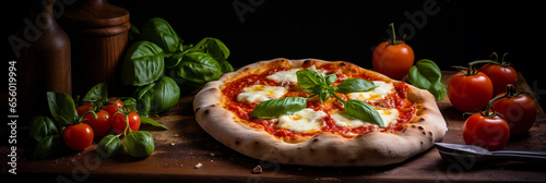 Italian Margherita pizza, melting mozzarella, fresh basil, bright tomato sauce, rustic wooden table, warm ambient lighting