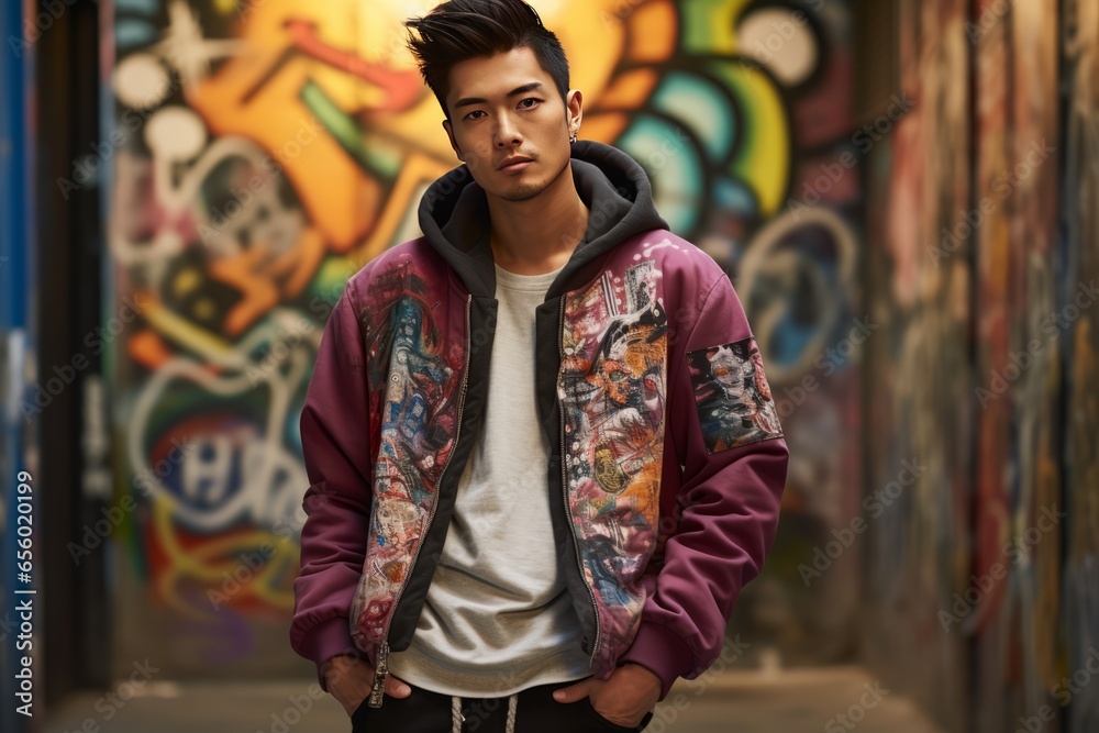 Handsome Asian Man wearing Jacket in front of a Street Art Grafitti Generative Ai