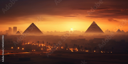 Multiple pyramids of Giza with the Cairo skyline in the background  modern meets ancient  early evening