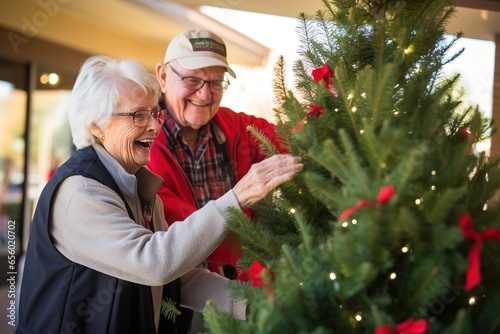 Happy smiling grandparents by the Christmas tree, decorating the Christmas tree on Christmas Eve, AI generation