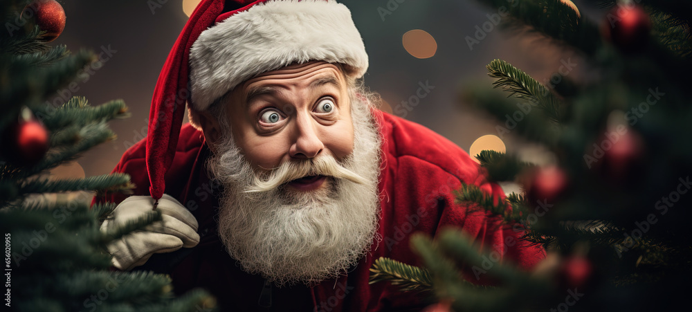 A funny Santa Claus with a look of surprise on his face and wide-open eyes near the Christmas tree A funny Santa Claus with a look of surprise on his face and wide-open eyes near the Christmas tree