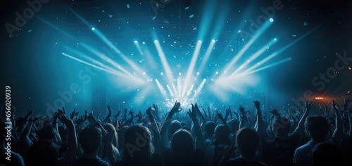 Live, rock concert, celebration, festival, cheering crowd in a nightclub, stage lights, and confetti falling. jubilant crowd. the yellow color lighting.