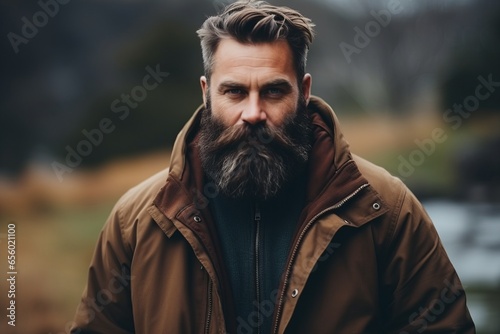 Portrait of a bearded man in a brown jacket. Men's beauty, fashion.