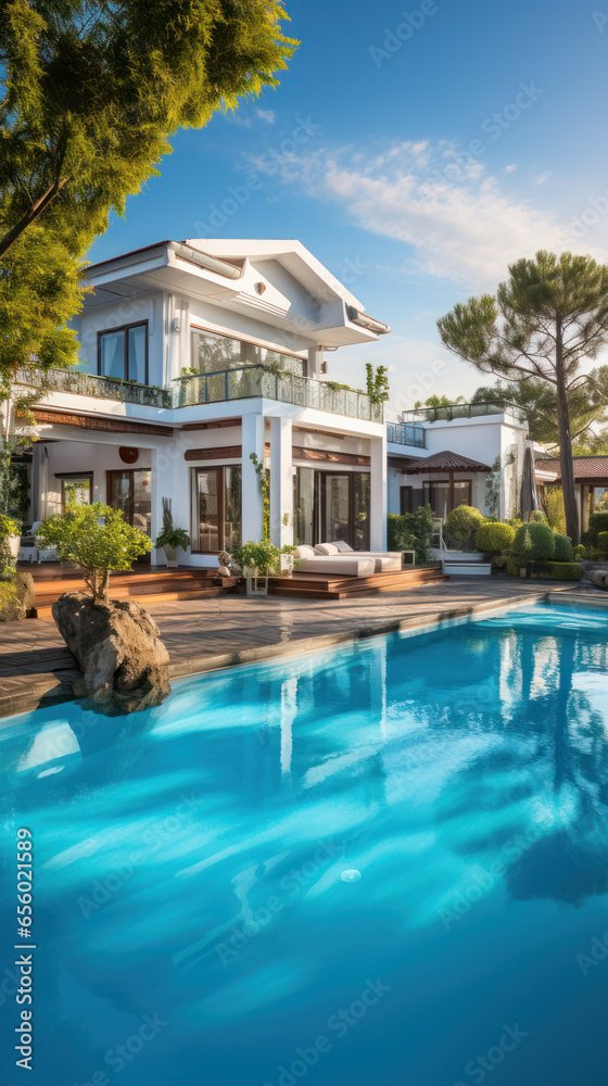 Luxury villa with a swimming pool, expensive real estate, holiday by the sea in a rented villa