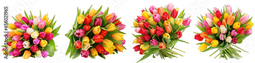 Large flower arrangement or bouquet with many tulips isolated on transparent background generative ai