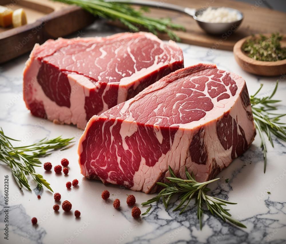 Concept of marbled beef, organic grass-fed marbled meat, cuts