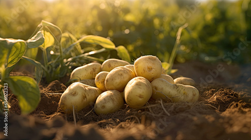 Ripe potatoes on ground in plant field. Generative Ai