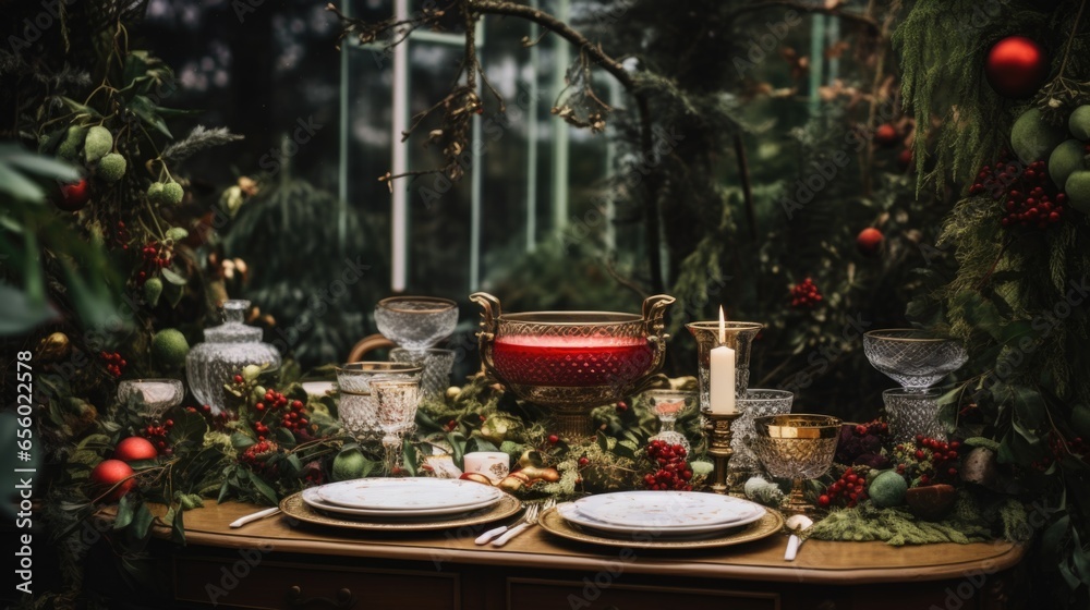 A table set for a holiday dinner with candles and greenery