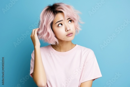 Portrait of a beautiful young woman in a white T-shirt looking thoughtfully into the distance on a blue background