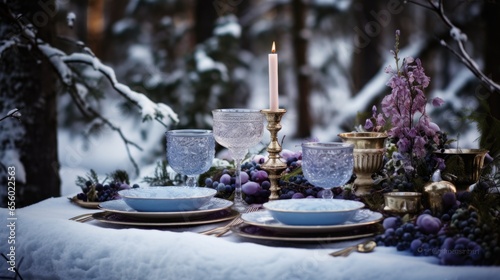 A table set with a candle  plates and glasses