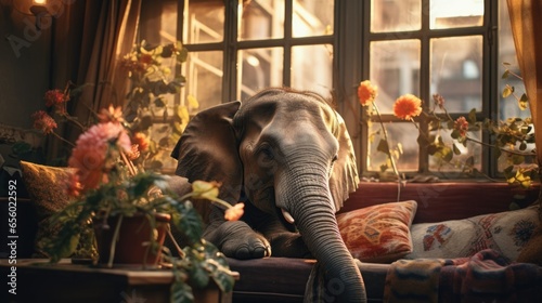 An elephant sitting on a couch in front of a window © Maria Starus
