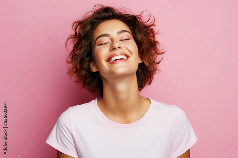 portrait of a young pretty laughing woman with dark curly hair in a white T-shirt on a pink background