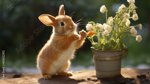 Tela A small rabbit standing on its hind legs next to a pot of flowers