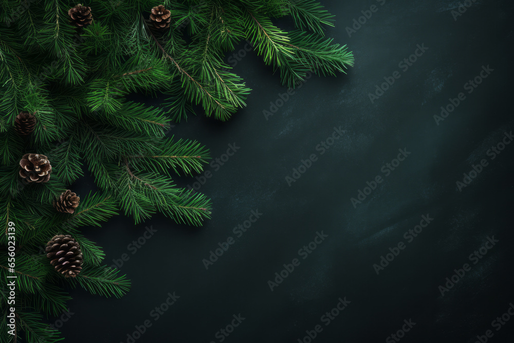 Coniferous green pine branches with pinecones on minimal dark Christmas background with copy space winter holiday concept - obrazy, fototapety, plakaty 
