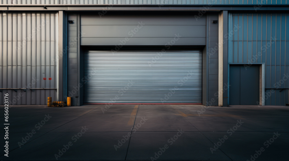 Closed gray roller shutters, closed storage area or garage, warehouse space
