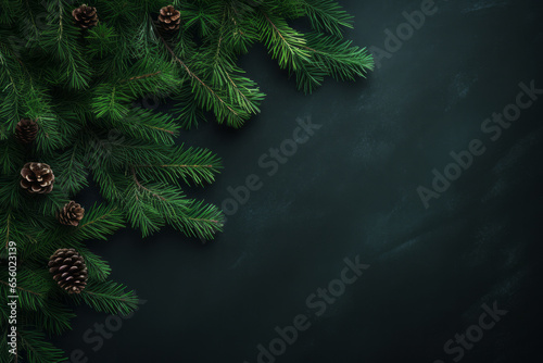 Coniferous green pine branches with pinecones on minimal dark Christmas background with copy space winter holiday concept