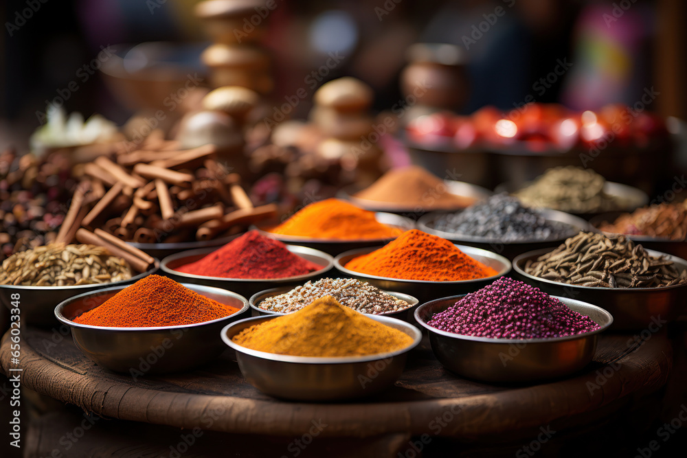 A traditional spice market in Marrakech, Morocco, with a kaleidoscope of fragrant spices and herbs. Concept of culinary delights in the Near East. Generative Ai. - obrazy, fototapety, plakaty 