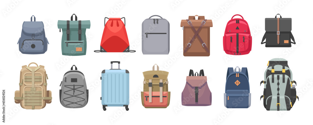 Flat set of backpacks. Different backpacks on white background. Vector illustration - obrazy, fototapety, plakaty 