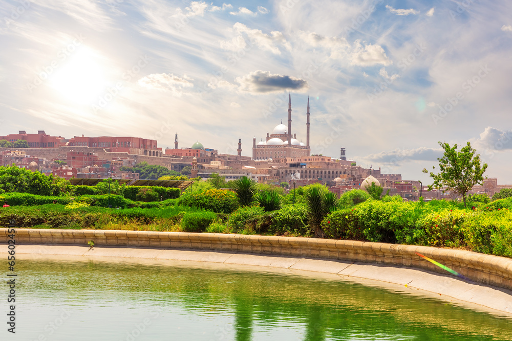 Wonderful Al-Azhar Park and view on the famous Citadel of Cairo, Egypt