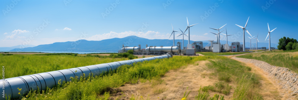Industrial landscape with pipeline systems, hydrogen alternative energy, pipes pumping hydrogen or gas, wind turbines on the background - obrazy, fototapety, plakaty 