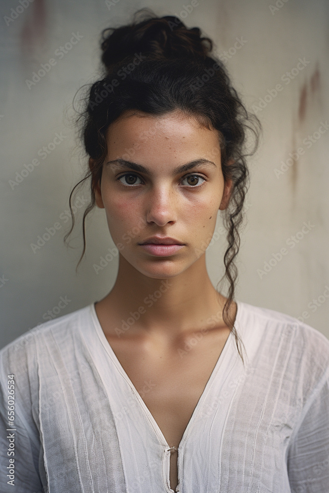 Portrait of a swarthy girl in a white linen dress with braided hair Portrait of a swarthy girl in a white linen dress with braided hair