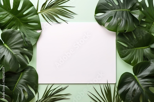 mockup white blank paper sheet with tropical leaves top view on green background  template empty card flat lay for design with copy space