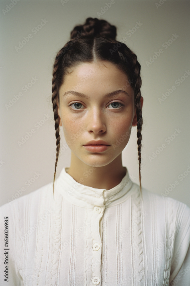Portrait of a  girl in a white linen dress with braided hair