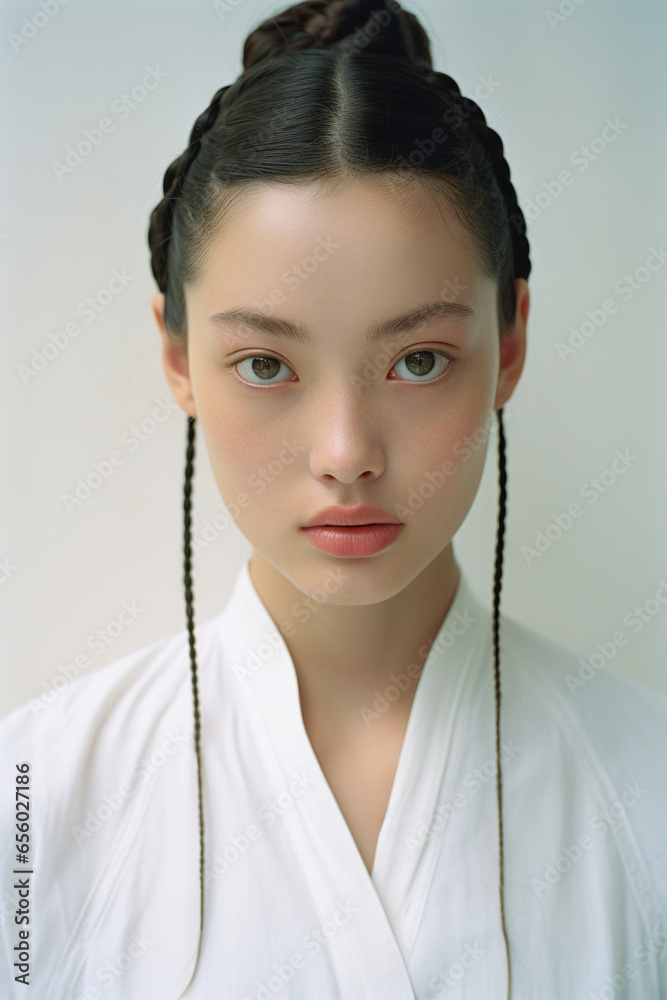 Portrait of asian girl in a white linen dress with braided hair