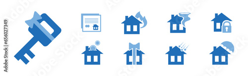 House and Property Insurance Blue Flat Icon Vector Set