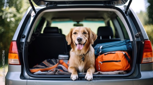 A dog sitting in the trunk of a car, ready to go on vacation journey, created by Generative Ai technology. © Viktor
