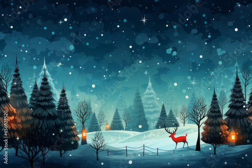 Christmas winter landscape with snow drifts, forest, pines, reindeer. Holiday nature background with hills and Christmas trees. X-mas panoramic banner with winter outline landscape