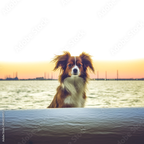 Dog waiting for its owner on seashore at sunset. High quality photo