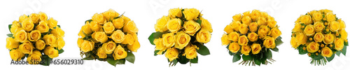Large flower arrangement or bouquet with many yellow roses isolated on transparent background generative ai