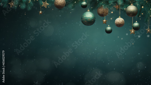Christmas holiday banner template greeting card panorama - Group hanging gold and green Christmas balls, snowflakes, decorations on dark green, emerald background with plenty of copy space