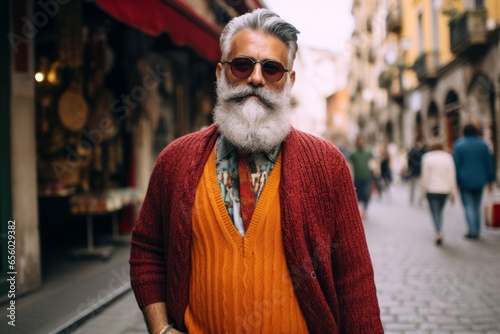 Portrait of a handsome bearded old man with sunglasses in the city.