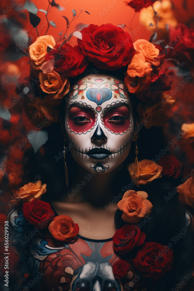 Colorful skull woman. Day of the dead festival concept. Ai generated.