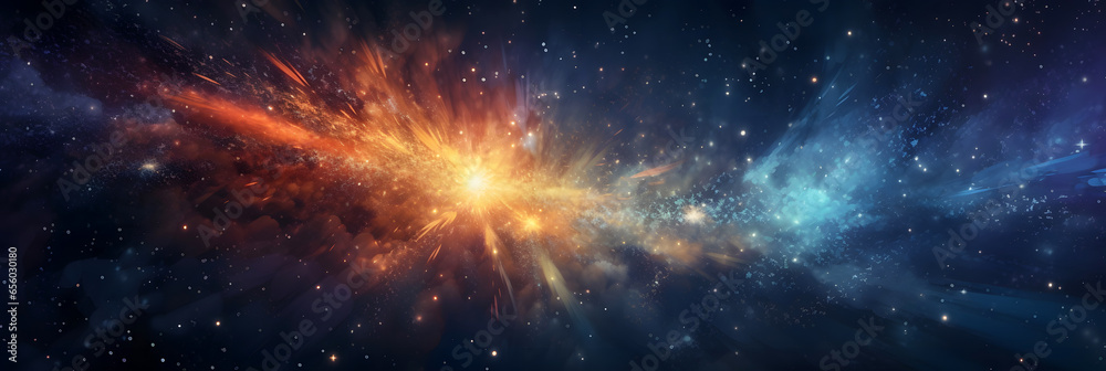 Orange explosion in cosmic multicolored space on dark starry abstract background