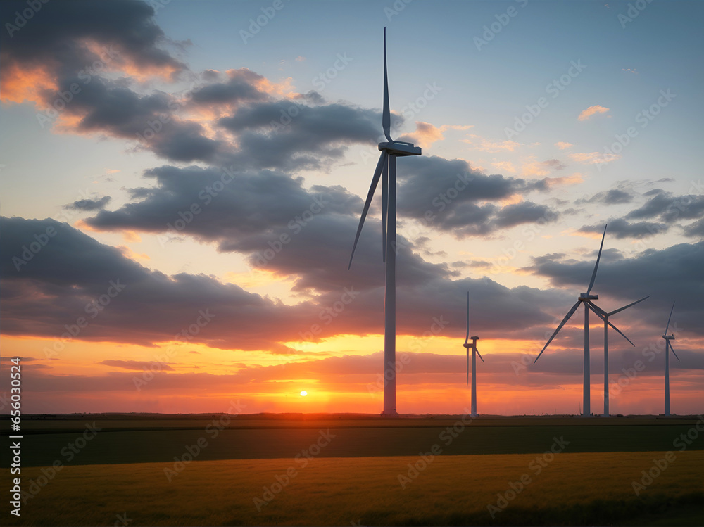 Obraz premium Generadores de energía eólica en un campo al amanecer/atardecer. Vista de frente. IA Generativa 