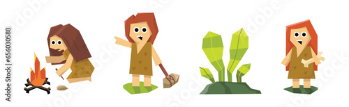 Prehistoric Stone Age People Characters and Caveman Vector Set