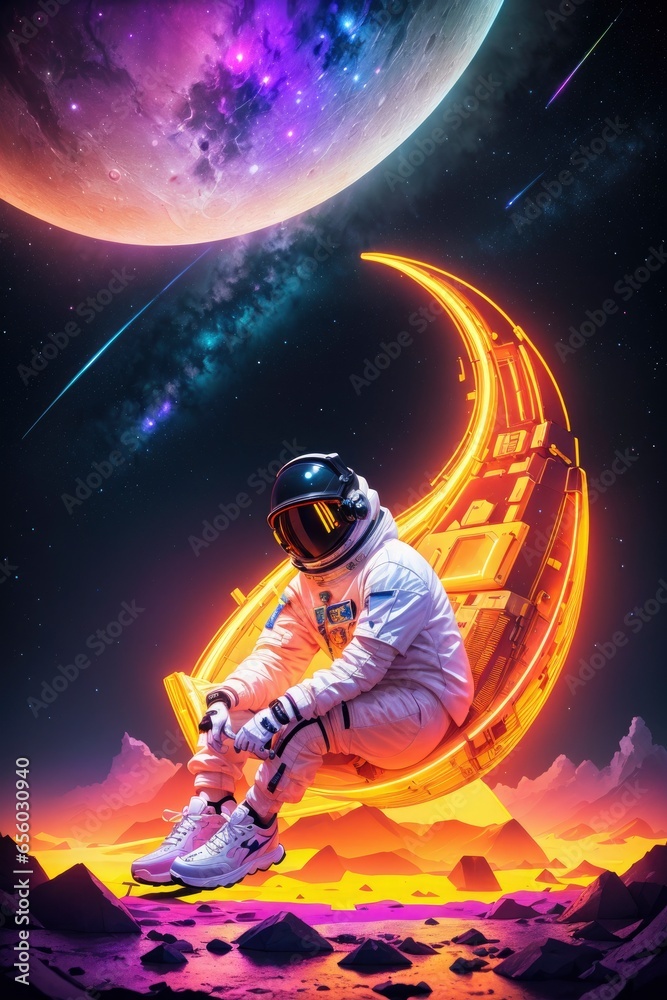 Astronaut in a Futuristic and Vibrantly Twisted Space Scene Astronaut in a Futuristic and Vibrantly Twisted Space Scene