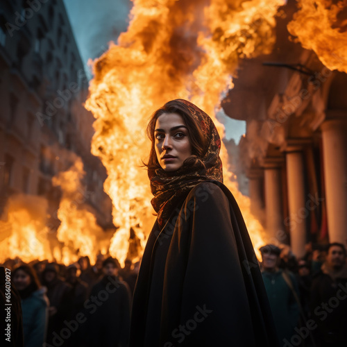 Brave Arab woman standing in front of an anti-government protest with fire in the background photo