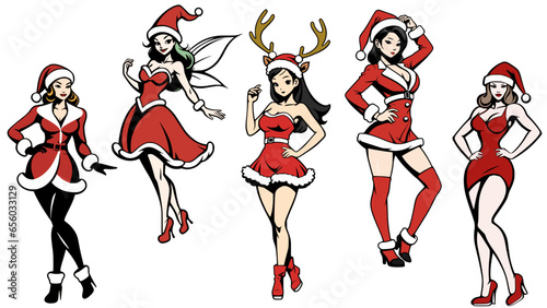 Stylish vector set of Christmas ladies