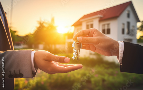 Key handover scene where the real estate agent or landlord hands over the keys to a new house owner, tenant, or property investor.