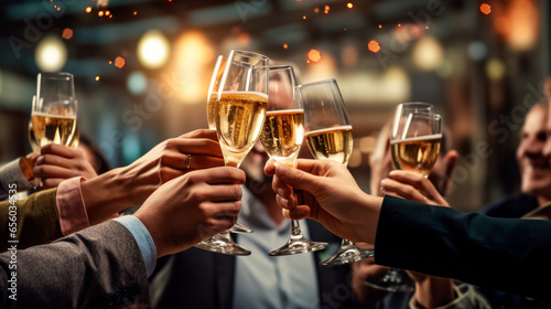 close shots group of people holding champagne glasses and toasting 