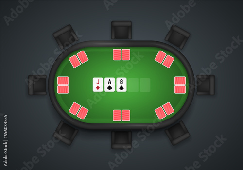 Poker table with cards and chairs. Vector illustration.